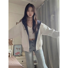 开衫卫衣女男款秋季双拉炼撞色连帽外套重磅刺绣白色帽衫WY04，女装短外套，星座516A
