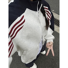 抖音得物高品质26春装美式高街重磅织带拼接撞色立领卫衣外套CM41，女装短外套，电商A486-1