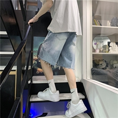 破洞毛边牛仔短裤男夏季ins宽松潮流休闲乞丐五分裤子ND66-P35，男装牛仔裤，星座1008