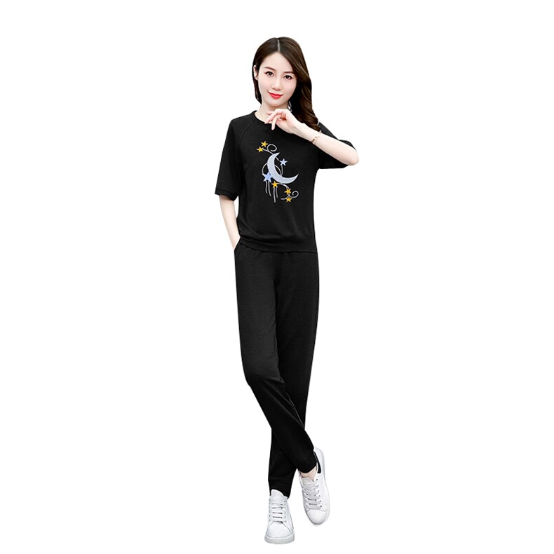 宽松运动服时尚两件套女休闲透气简约年短袖夏季套装减龄大码,女装套装/套裙,梦依杭