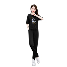 宽松运动服时尚两件套女休闲透气简约年短袖夏季套装减龄大码，女装套装/套裙，梦依杭