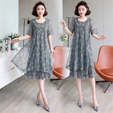 雪纺连衣裙女夏季新款宽松加大码胖MM遮肚子显瘦中年妈妈碎花裙子，女装连衣裙，缘衣格