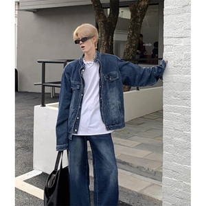 水洗复古做旧牛仔外套男春秋季宽松休闲情侣立领夹克 J37图片