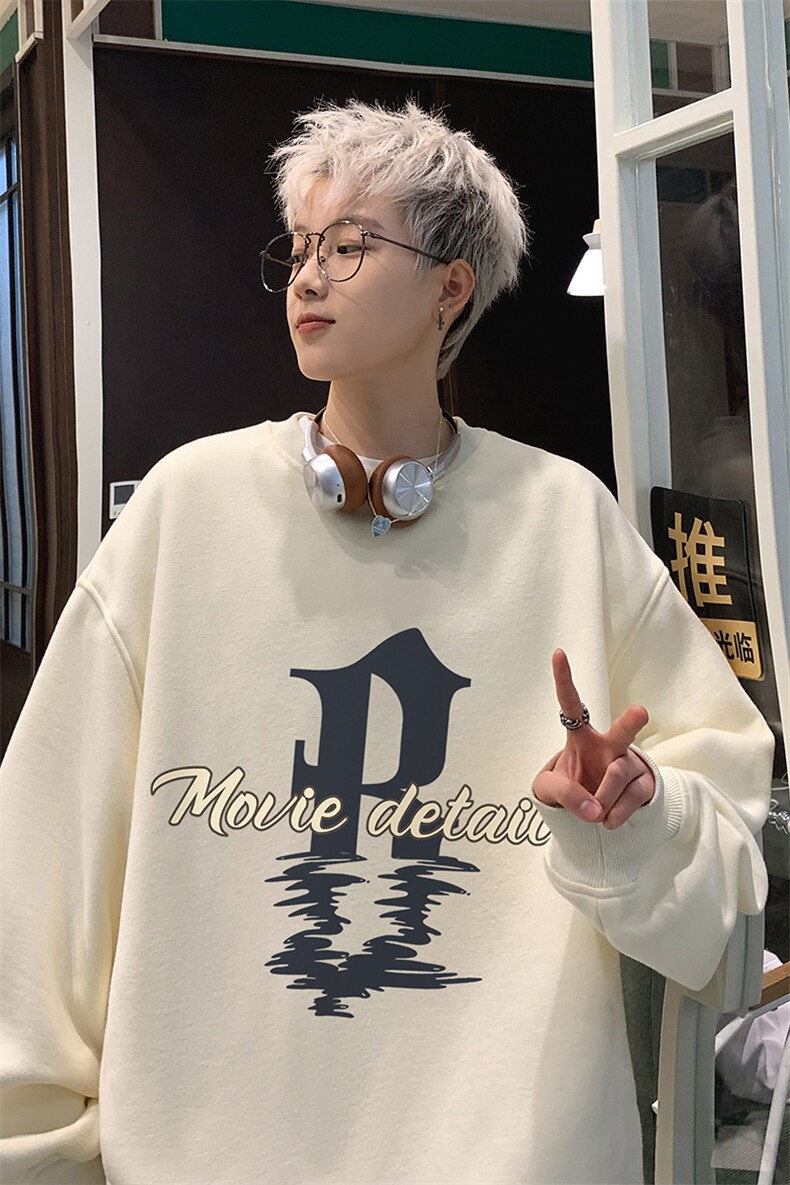 港风新款2025春装时尚百搭字母印花圆领纯色卫衣W1053P35控58,男装卫衣,电商A247