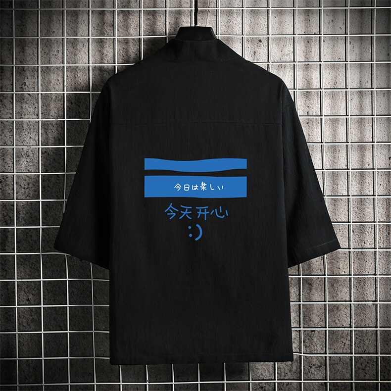 HF59033-P40风汉服男开衫外套七分袖道袍网格挂拍,男装民族服装,电商A040A