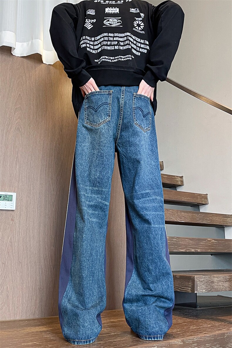 8XL-M特大码2024高级感小众牛仔裤长裤高街美式拼接休闲裤K959P78,男装休闲裤,电商D206-1