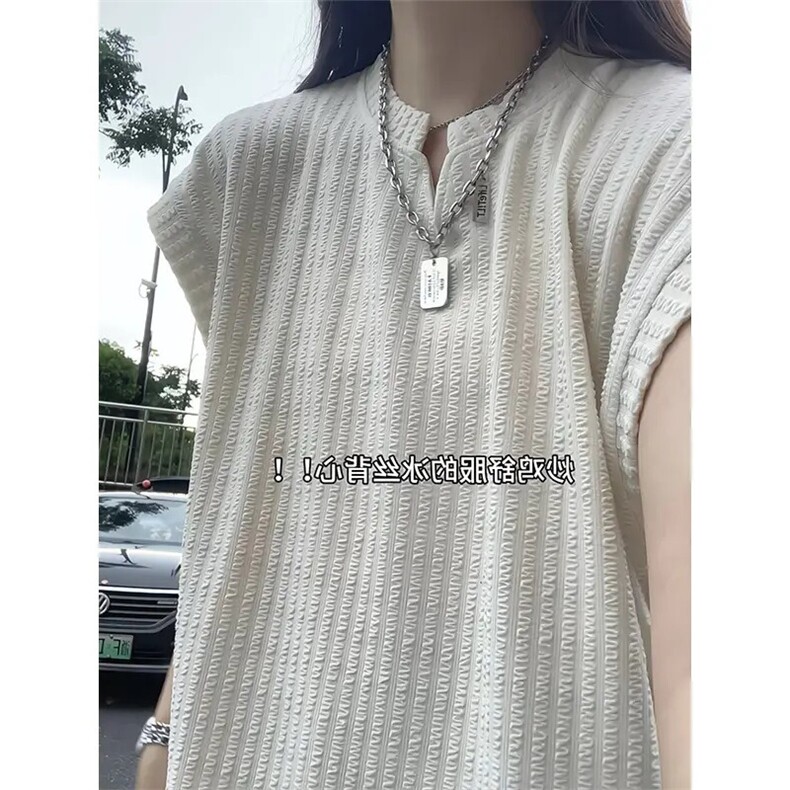 白色V领冰丝背心女夏薄款外穿运动健身无袖t恤肌理感坑条坎肩汗衫图片