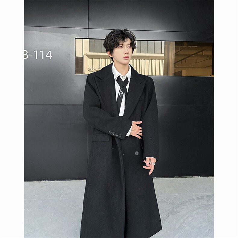 大货~韩系毛呢大衣男过膝加长款垫肩风衣外套Y907-P125图片