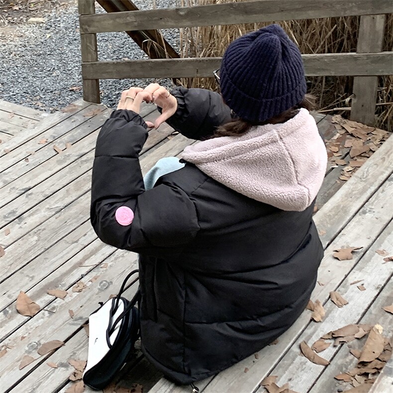 羊羔毛拼接假两件加厚连帽羽绒棉服女2023年新款日系情侣外套,女装棉衣/棉服,梦白服饰厂