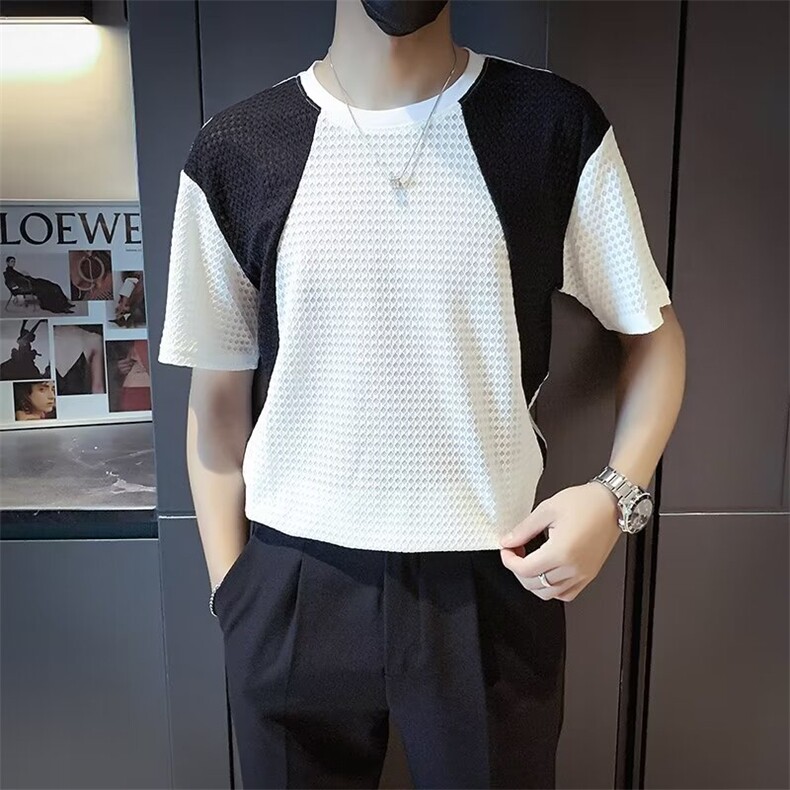 夏季短袖T恤男设计感镂空撞色衣服男款夏装薄款上衣T570,男装T恤,星座1116A-2（原606A-1）