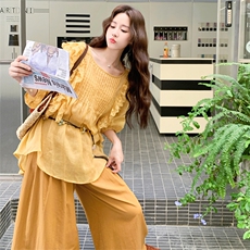 洋气炸街木耳边衬衫套装女2025夏季新款设计感休闲阔腿裤两件套潮，女装套装/套裙，2C158