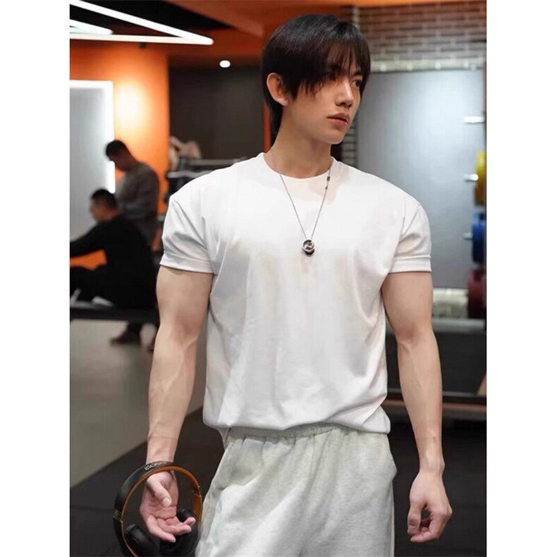 性张力穿搭男袖口收紧t恤320g重磅纯棉健身短袖男显肌肉三分半袖,男装T恤,电商A486