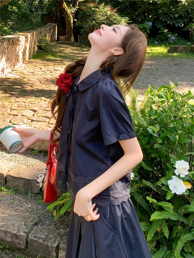 蕾丝拼接娃娃领系带上衣松紧腰半裙学院风套装女,女装套装/套裙,水衣源