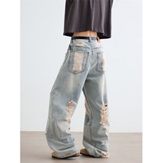 WE1655-P53潮流设计感复古蓝色破洞牛仔裤女夏季宽松直筒，男装牛仔裤，电商B323A