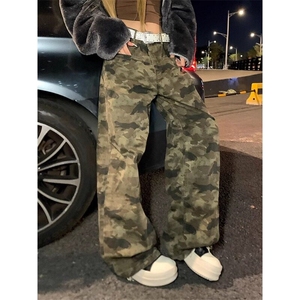 NECOYEP美式复古迷彩阔腿工装裤男女宽松简约高街直筒长裤 XG6622图片