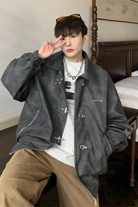 1美式港风大码M-5XL情侣女水洗雪花皮夹克皮衣男JK8741P130控168图片