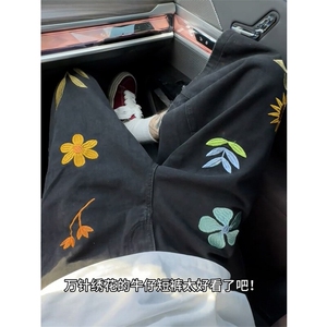B221 美式ins高街宽松花朵刺绣七分牛仔裤短裤 LK25536-特P45控78图片
