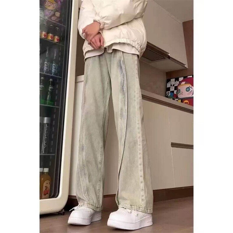 升级款美式复古vibe裤子渐变解构拼接牛仔裤男工装微喇裤,男装牛仔裤,星座613