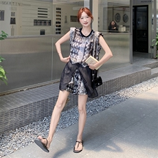 复古印花网纱拼接无袖上衣两件套女夏新款时尚洋气休闲短裤套装，女装套装/套裙，2C255