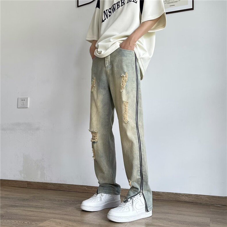 高街vibe裤子男夏季薄款黄泥染破洞牛仔裤P55,男装牛仔裤,星座1116-2