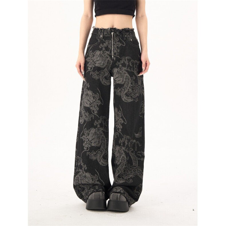 现货2032-P60设计龙纹印花嘻哈高街辣妹显瘦涂鸦牛仔裤，女装牛仔裤，电商A306A