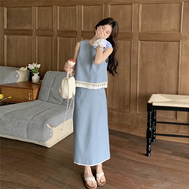法式小香风套装裙女2025夏季新款高级感气质无袖背心半身裙两件套,女装套装/套裙,2C098