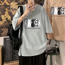 YT26100-P30亚麻短袖t恤男大码五分袖男宽松七分袖海报风,男装T恤,电商A040
