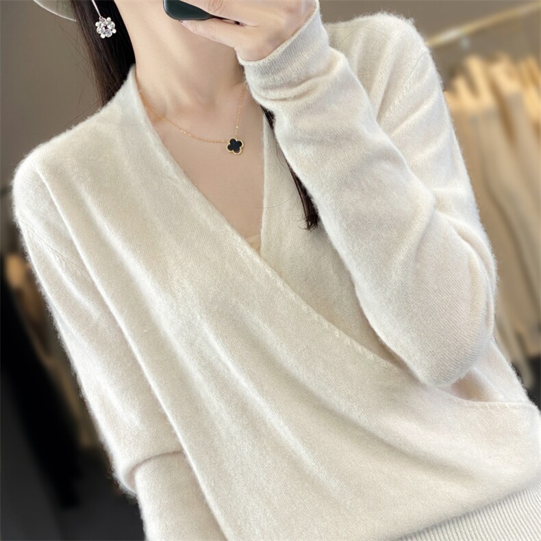 2025冬季新款交叉领羊毛衫女套头修身羊绒衫V领短款外穿和服毛衣,女装羊毛衫,九嘉羊绒