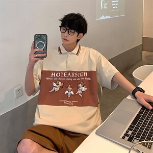 2024夏新款高品质港风复古撞色印花短袖T恤POLO衫T2201-P58，男装T恤，星座914-3