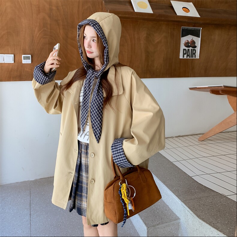 卡其色格子连帽风衣外套女2025秋季新款小个子设计感百搭休闲大衣,女装风衣,2C275