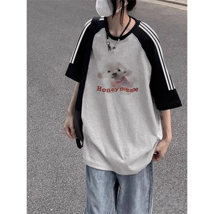夏季美式高街重磅纯棉三条杠织带插肩撞色男女短袖T恤CZ130-特P25图片