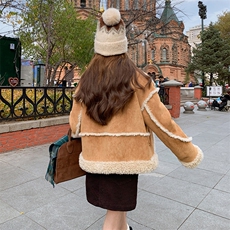 冬麂皮绒毛短外套加绒加厚冬新款仿皮毛一体仿羊羔毛，女装短外套，秀美人生