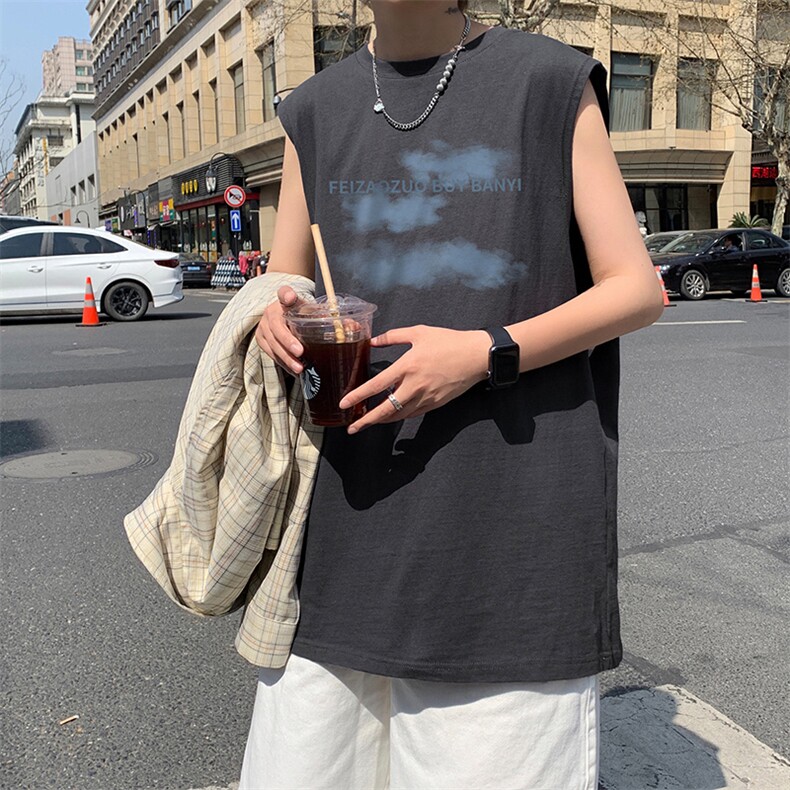 云朵印花背心男夏季新款坎肩无袖t恤港风宽松外穿衣服DF465TP18,男装T恤,电商A102-1