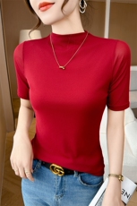 半高领春季薄款中袖网纱打底衫女修身短袖内搭半袖T，女装T恤，温伦斯特羊绒