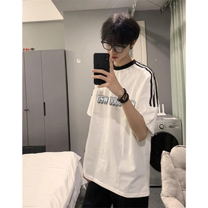 夏季美式高街重磅纯棉三条杠织带撞色男女短袖T恤ZD355-特P30图片