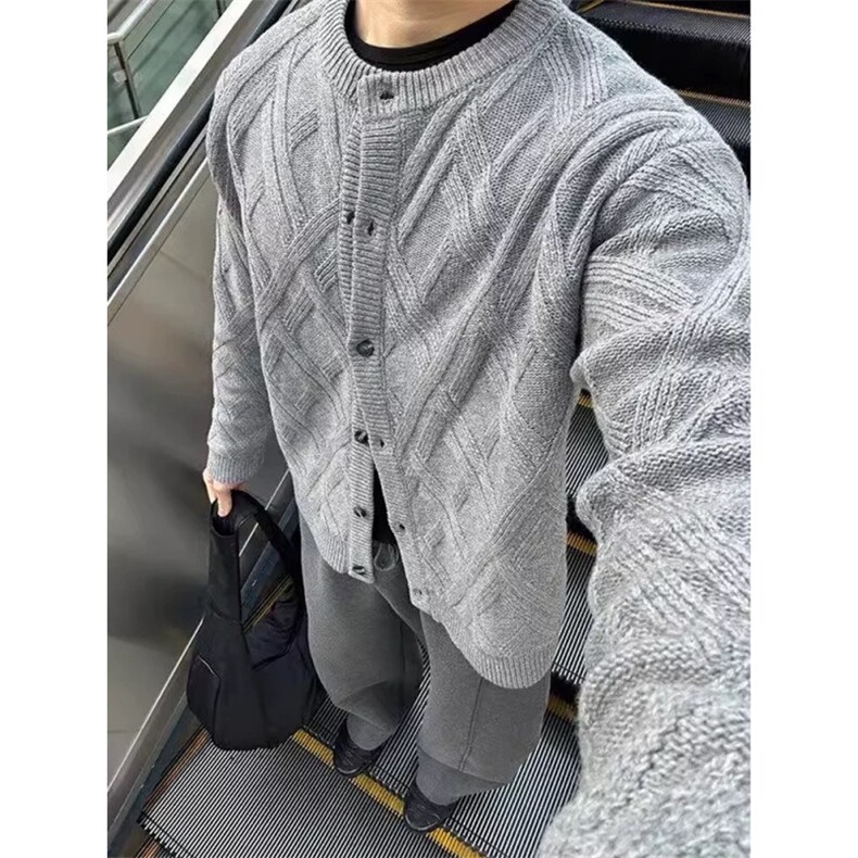 菱形灰色圆领针织开衫慵懒风宽松休闲叠穿百搭毛衣外套ZZS103P65,男装针织衫/毛衣,电商D256A(原A064A)