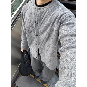 菱形灰色圆领针织开衫慵懒风宽松休闲叠穿百搭毛衣外套ZZS103 P65图片