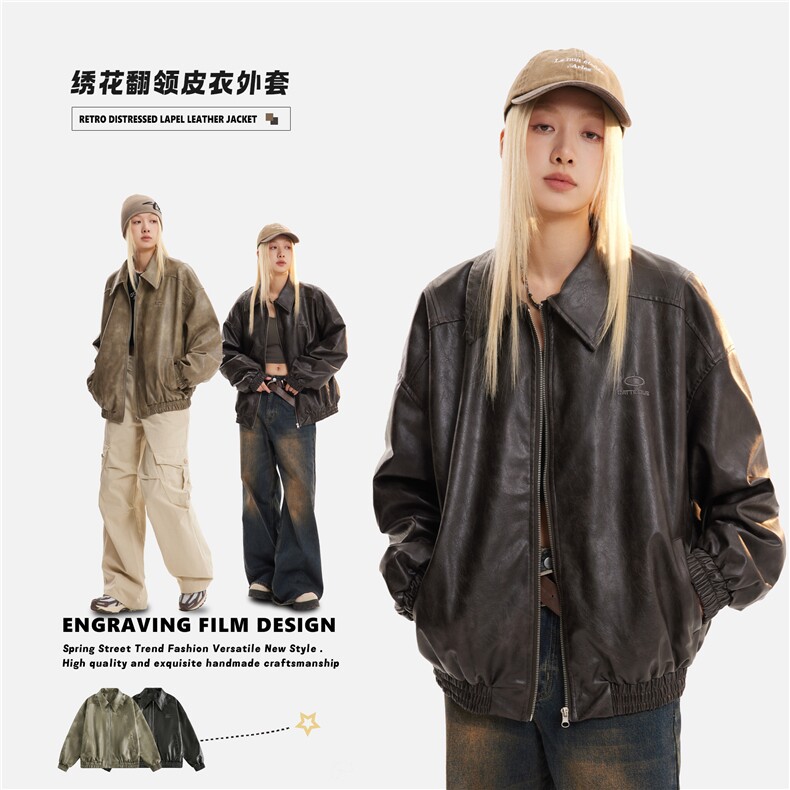 2025春款绣花翻领皮衣外套--5340模特图,男装夹克,电商S012（CATTEE）