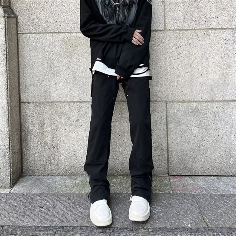 高街牛仔裤男潮牌美式直筒阔腿裤男士微喇叭休闲多口袋长裤图片