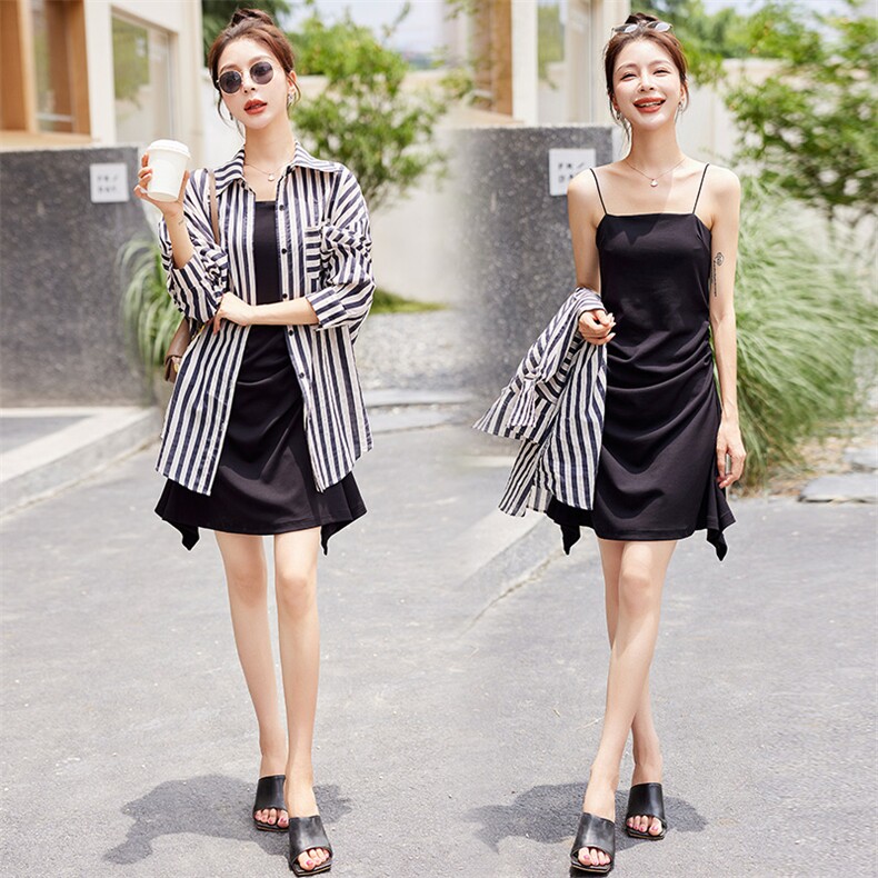 现货2024新款防晒条纹衬衫+吊带裙设计感套装，女装套装/套裙，悠米