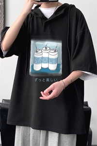 LD54148-P45 连帽短袖t恤男大码胖子带帽五分袖中袖 大皂风图片