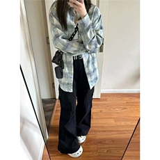 韩版春秋新款百搭格子衬衫女设计感小众宽松中长款休闲外套上衣女，男装衬衫，星座506A
