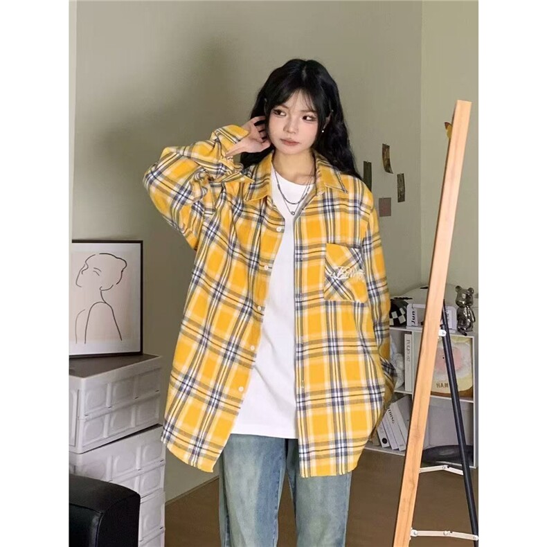 美式复古字母印花格子衬衫女秋季防晒潮牌长袖大码衬衣外套上衣，男装防晒衣，星座1210-1