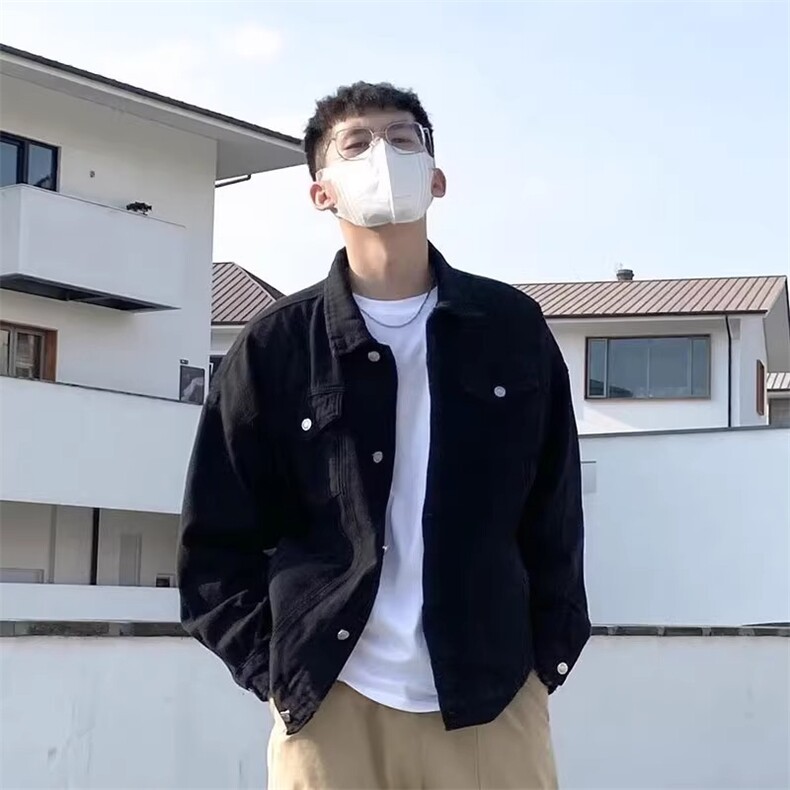 秋冬黑色牛仔外套男韩版宽松痞帅覆古工装夹克衫时尚翻领休闲图片
