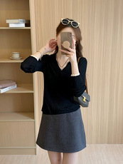 时尚高级感百搭精纺羊毛polo领拼色长袖，女装羊毛衫，圣旺供货