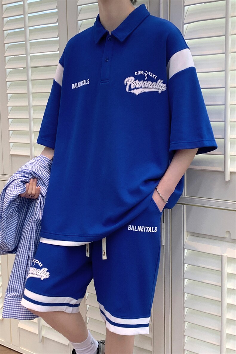 夏款青少年拼接印花半袖套装休闲宽松Polo衫男女6621-P75控价108,男装Polo衫,电商A441-1
