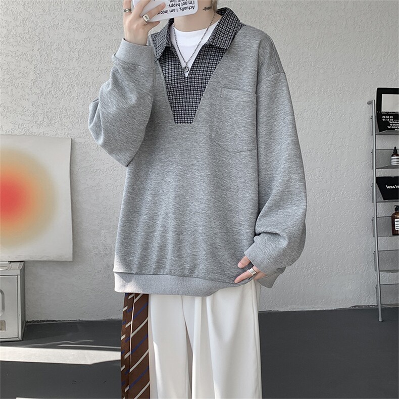 WY10153-特P48控88小众撞色面料拼接格子假两件大码男宽松卫衣,男装卫衣,电商A059