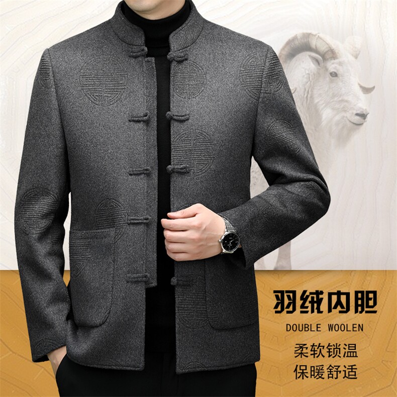 高端羊毛双面呢羽绒服唐装大衣男中年秋冬风双面呢羽绒服外套,男装羽绒服,钱塘723