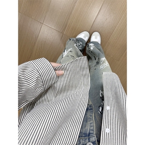 B221 美式ins高街暗黑宽松条纹长袖衬衫SY2540-特P35控59图片