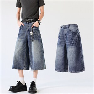 美式复古高腰闪电宽松阔腿裤百搭垂感直筒七分裤牛仔裤K7012 TP48，男装牛仔裤，电商D325